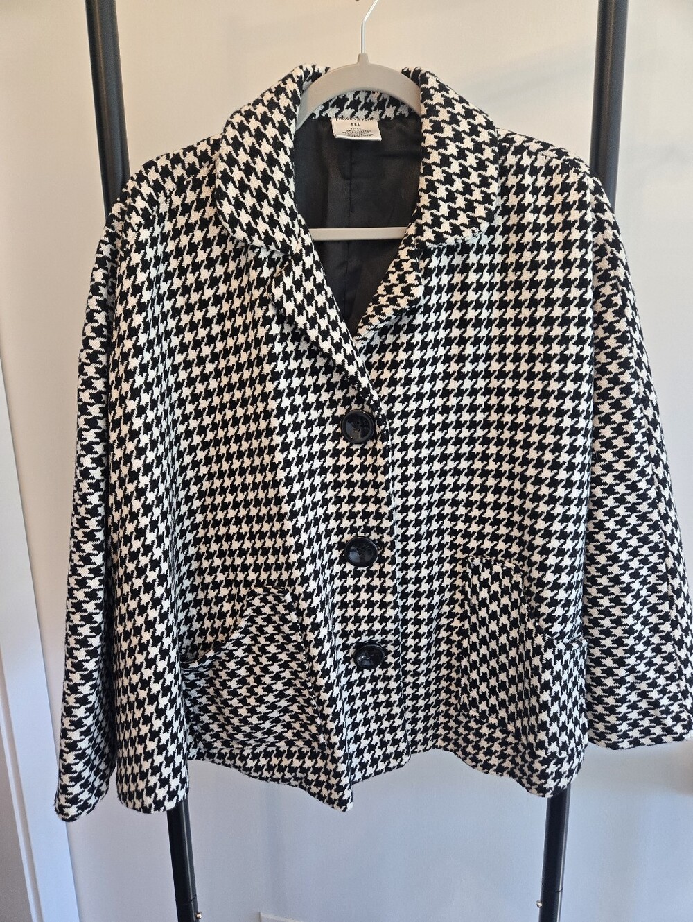 Preston & York Houndstooth Wool Blend Poncho Jacket Cape Black White ALL One